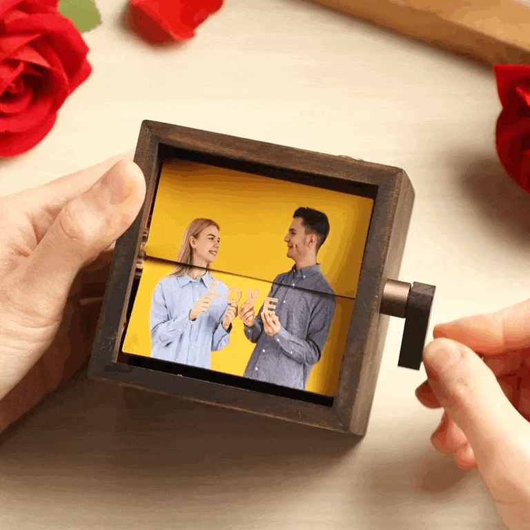 Wooden Rotating Photo Frame – Hand Crank Flip Memory Box