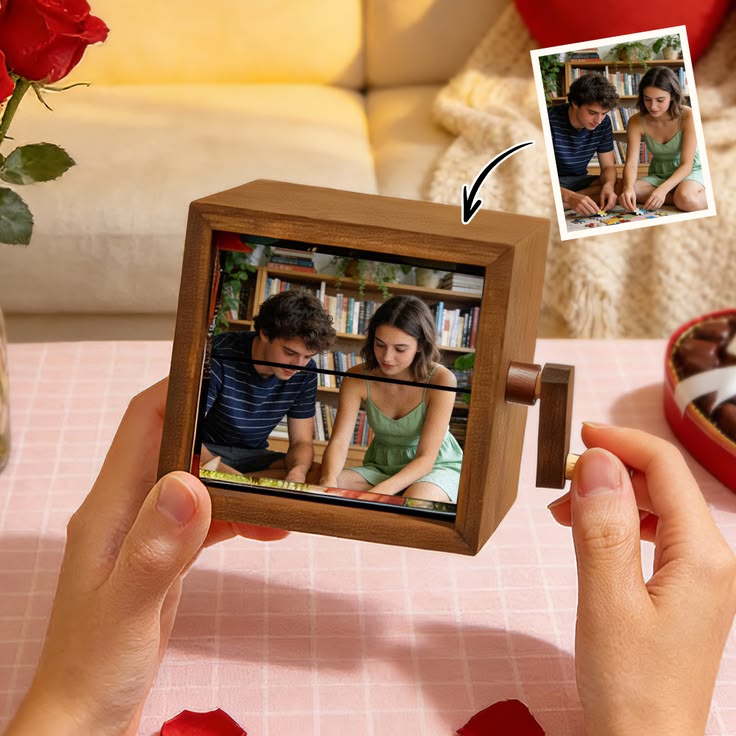 Wooden Rotating Photo Frame – Hand Crank Flip Memory Box
